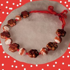 Red & Brown Glass Flower Beads w Ribbon Necklace